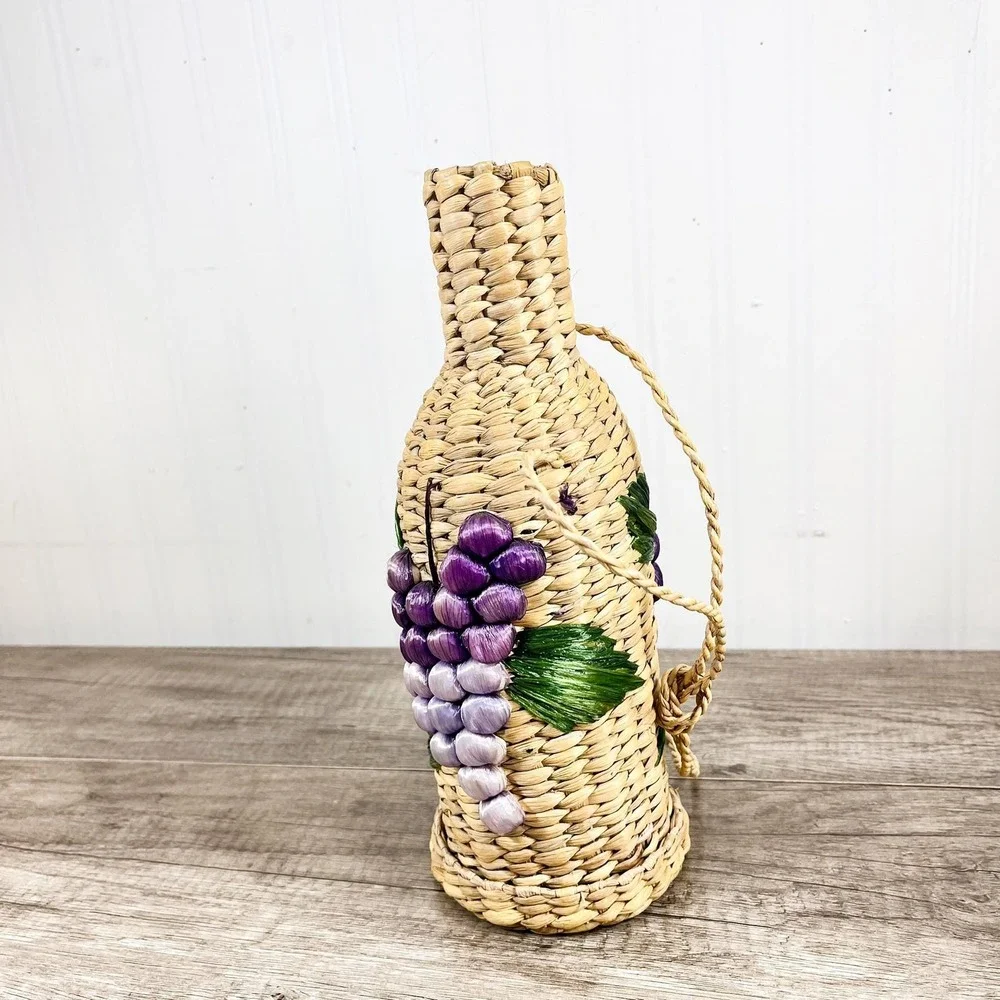 1970s Wine Bottle Holder, Hand-Woven Sea Grass Grapes & Leaves | Boho Bar Decor‎